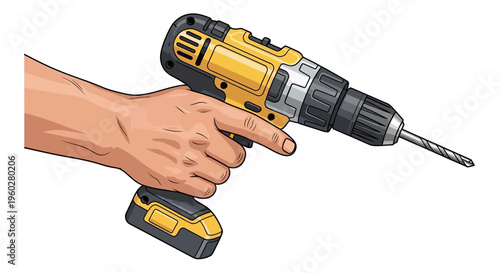 Hand holding yellow cordless power drill illustration