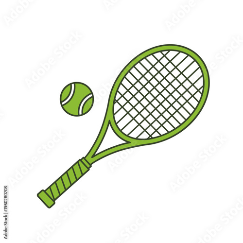 Green tennis racket and ball for sports game