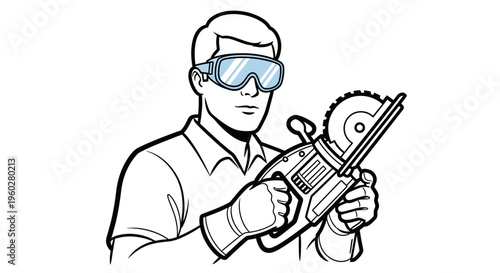 Man wearing safety goggles holding circular saw illustration