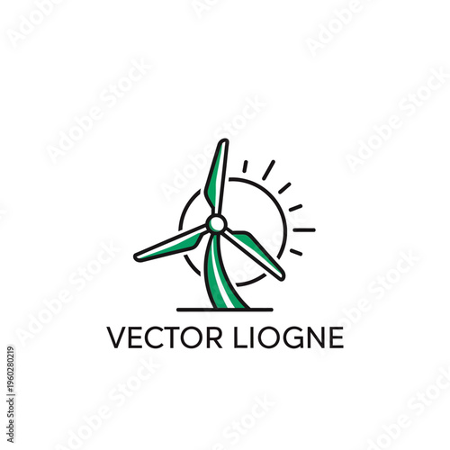 Green wind turbine icon with sun, renewable energy symbol