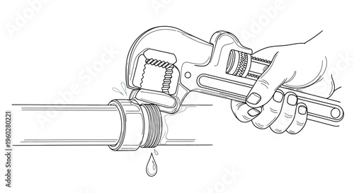 Hand tightening leaking pipe with wrench illustration