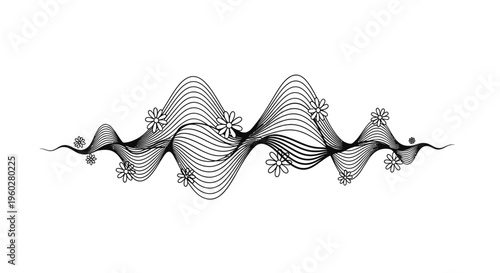 Hand drawn wavy lines with flowers doodle pattern divider