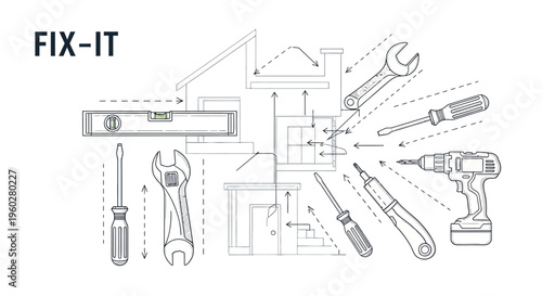 Fix-It tools surrounding house outline for home repair concept