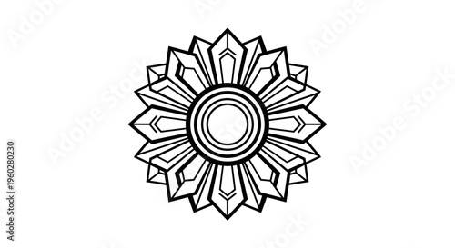 Geometric mandala ornate flower sun black white line art