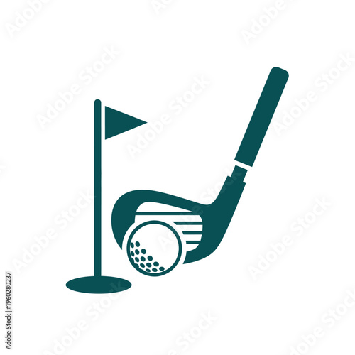 Golf club, ball, and flagstick icon on white background