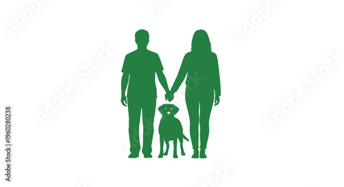 Green silhouettes of man, woman, and dog holding hands