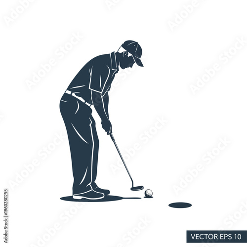 Golfer putting a golf ball into a hole silhouette