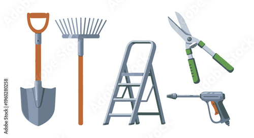 Gardening and home maintenance tools collection on white background illustration