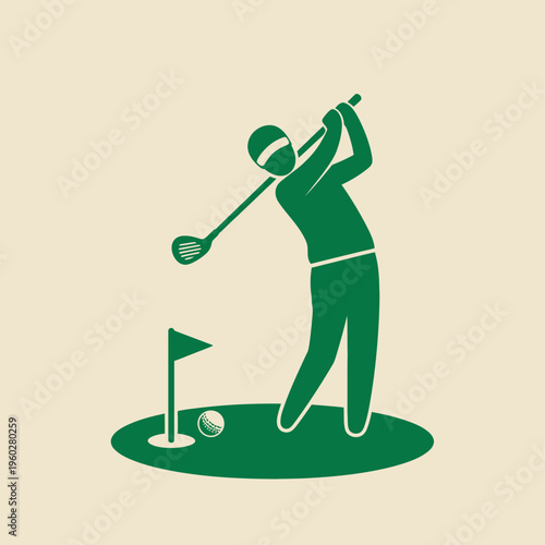 Golfer swinging club on putting green with flagstick