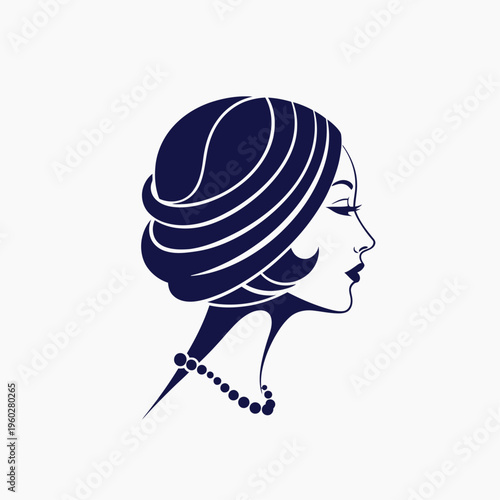 Elegant woman profile with turban and pearl necklace