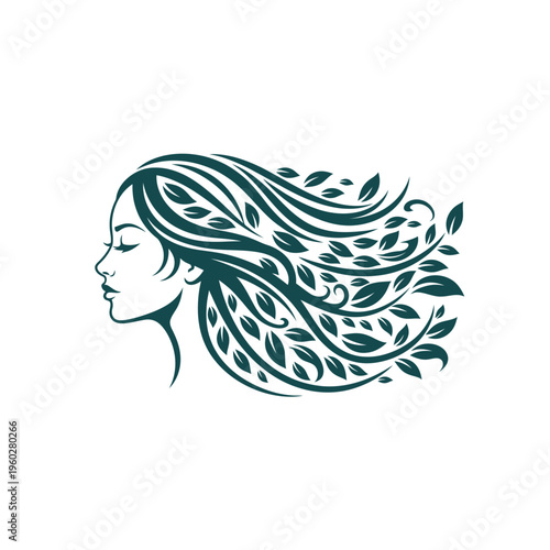 Elegant woman profile with flowing leafy hair vector illustration