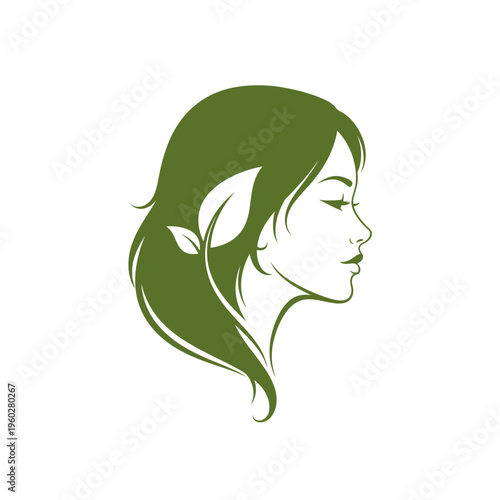 Elegant woman profile with green leaves in hair