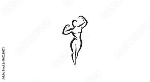 Female bodybuilder flexing biceps, minimalist line art illustration