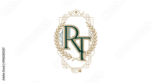 Elegant RT monogram logo with art deco frame and laurel wreath