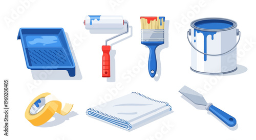 Collection of painting tools and supplies for home renovation