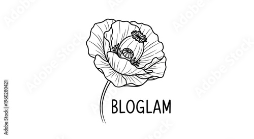 Black line art poppy flower illustration with BLOGLAM text logo
