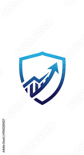 Blue shield with growing bar chart and arrow icon