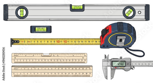Assortment of construction and measuring hand tools