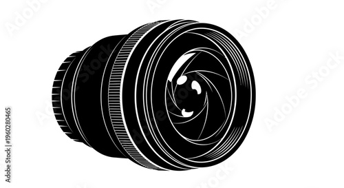 Black and white camera lens illustration with open aperture