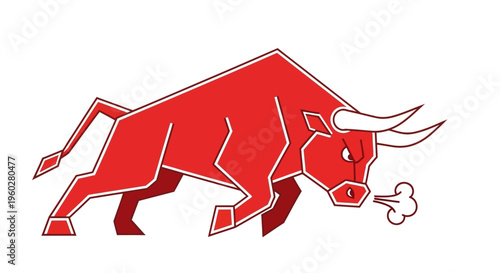 Angry red bull mascot with steam from nostrils charging forward