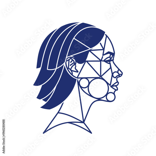 Abstract geometric profile of a woman's head in blue