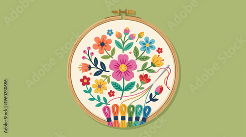 Embroidery Hoop with Colorful Flowers.