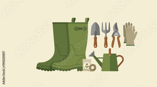 Green gardening tools and boots.