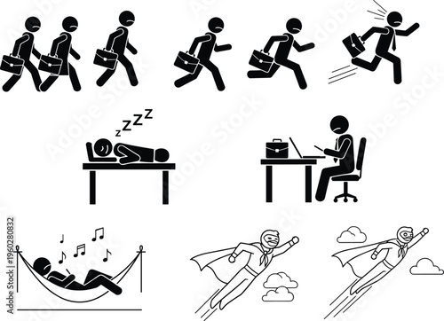 Businessman daily routine concept, work life balance stages, office stress to relaxation, career lifestyle icons, professional vector illustration