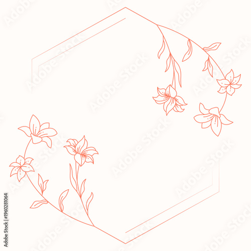 Floral polygon hand drawn style. Floral red frame of twigs, leaves and flowers. Frames for Valentine’s Day, wedding decor, logo and identity template.