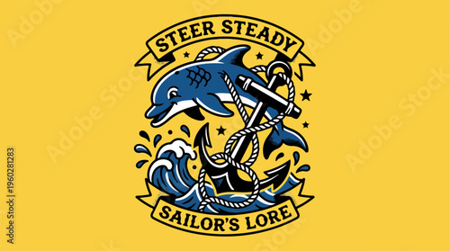 Nautical Anchor Dolphin Emblem Design.