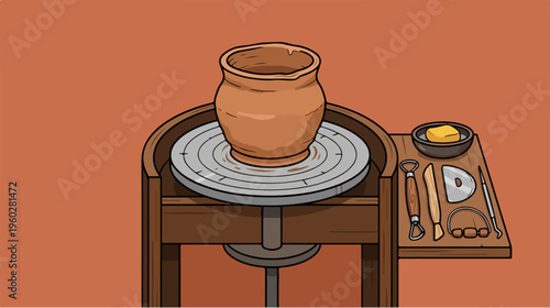 Pottery wheel with clay vessel.