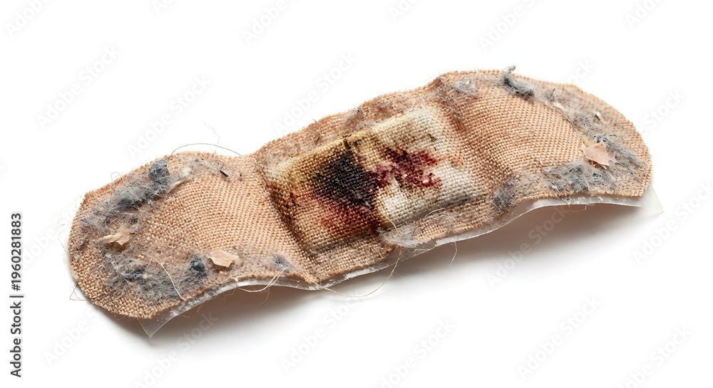 Obraz premium Used Bloody Bandage Dirty Adhesive Plaster on White Background