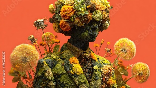 Surreal portrait of a botanical human figure made of moss and blooming yellow flowers. Creative floral art installations representing nature, growth, and sustainability on an orange backdrop.