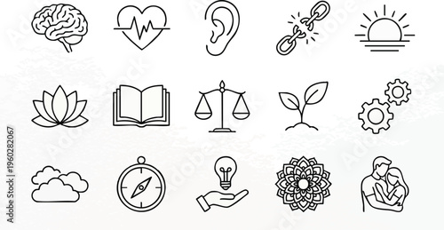 Personal Development and Mental Wellness Minimalist Line Icon Set