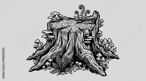 Tree Stump with Mushrooms Growing.