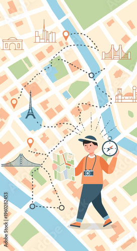 Globetrotting Adventurer Navigating Destinations Across a Stylized City Map