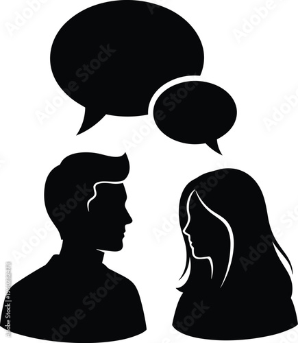 Conversation dialogue communication people silhouette illustration design, interpersonal artwork concept, social interaction theme, discussion symbol, talking exchange graphic style image