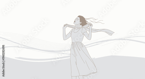 Graceful Woman In Flowing Scarf Embraces Wind And Serenity
