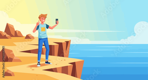 Happy Adventurer Captures Scenic Cliffside Selfie By The Ocean