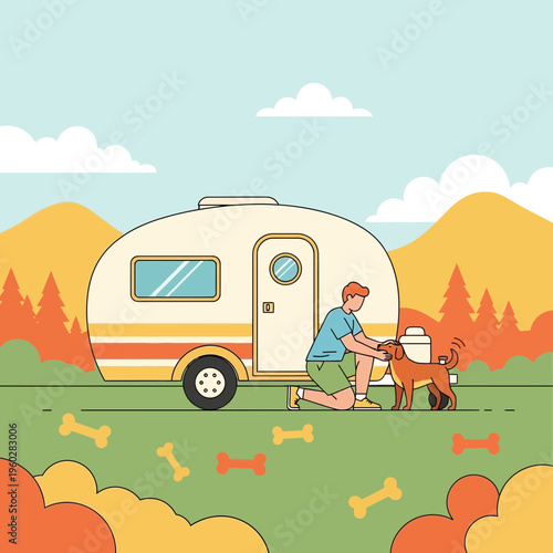 Happy Camper With Dog Enjoying Outdoor Adventure In A Serene Landscape