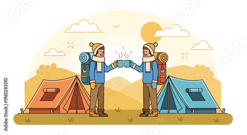 Happy Campers Enjoying Warm Drinks Under Sunny Skies