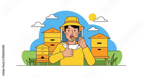 Happy Beekeeper Enjoys Fresh Honey Amidst Apiary Scenery