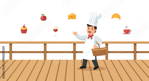 Happy Chef With Picnic Basket And Floating Food Items