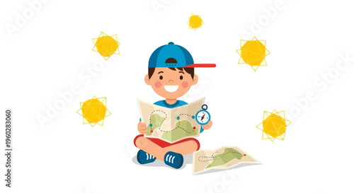 Happy Boy With Map And Compass Planning Adventure