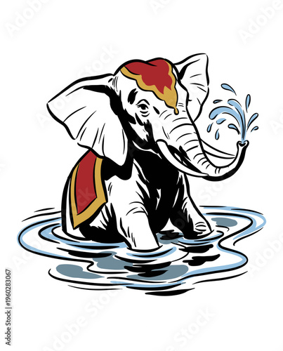 Vintage ink art illustration of a majestic elephant spraying water