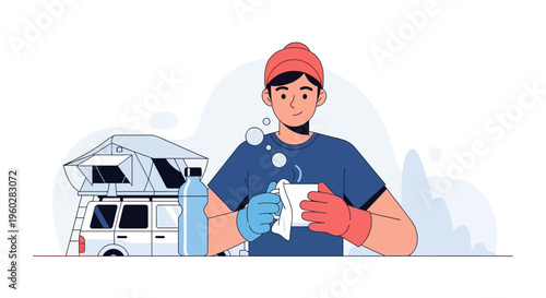 Happy Camper Cleaning Tent Top Vehicle With Water Bottle