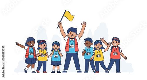 Happy Diverse Group Of Children Following Leader With Flag On Excursion