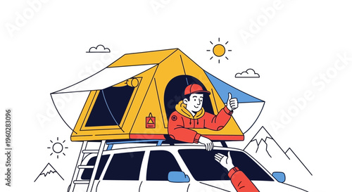 Happy Camper Enjoying Rooftop Tent Adventure And Mountain Scenery