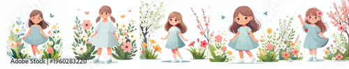 vector little girl standing happy spring mood