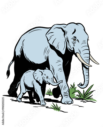 Elephant Mother and Calf Illustration Walking on Savanna Grass